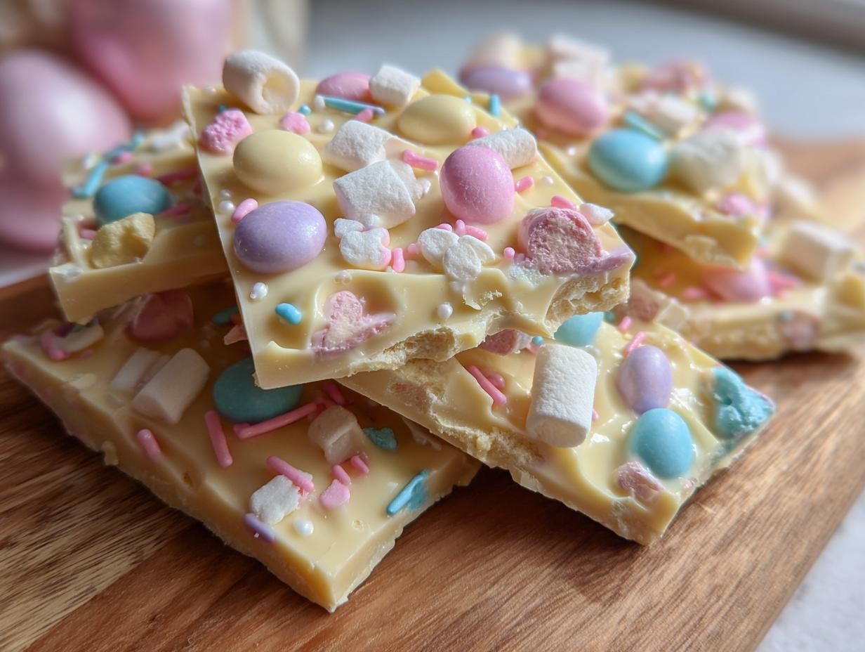 Close-up of white chocolate bark Easter pieces with pastel candies and marshmallows on wooden board.