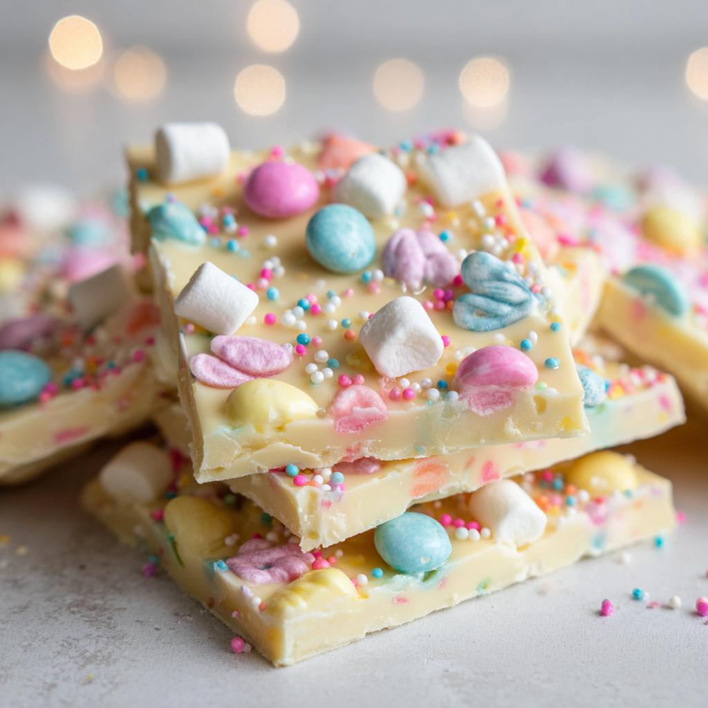 Stacked pieces of white chocolate bark Easter decorated with pastel candies and marshmallows.