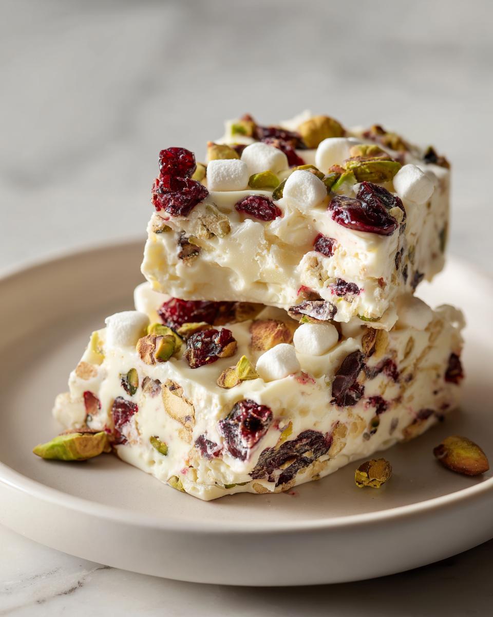 Close-up of white chocolate bark pieces with pistachios, dried cranberries, and mini marshmallows on a plate.