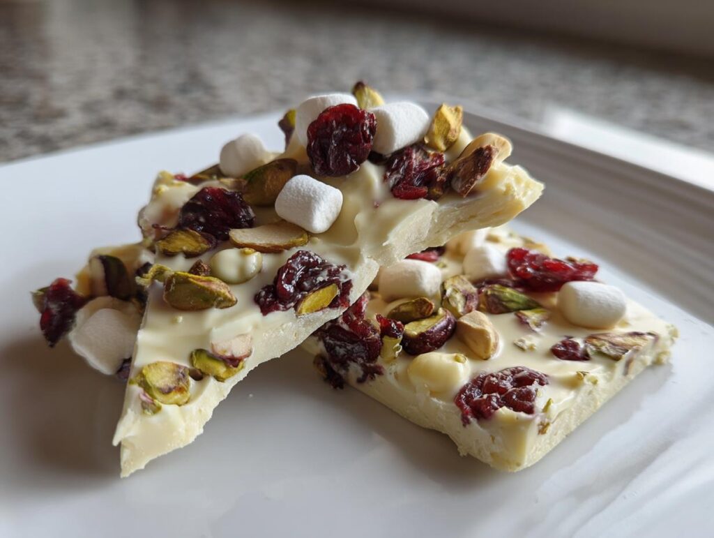 Pieces of white chocolate bark topped with pistachios, dried cranberries, and mini marshmallows.