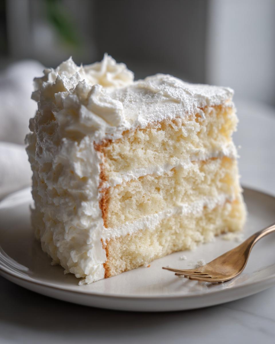 Close-up of a slice of white layer cake with whipped frosting on a plate with a gold fork, quick Easter desserts