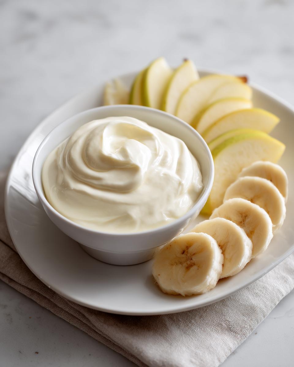 Bowl of creamy yogurt dip with banana and apple slices on a white plate